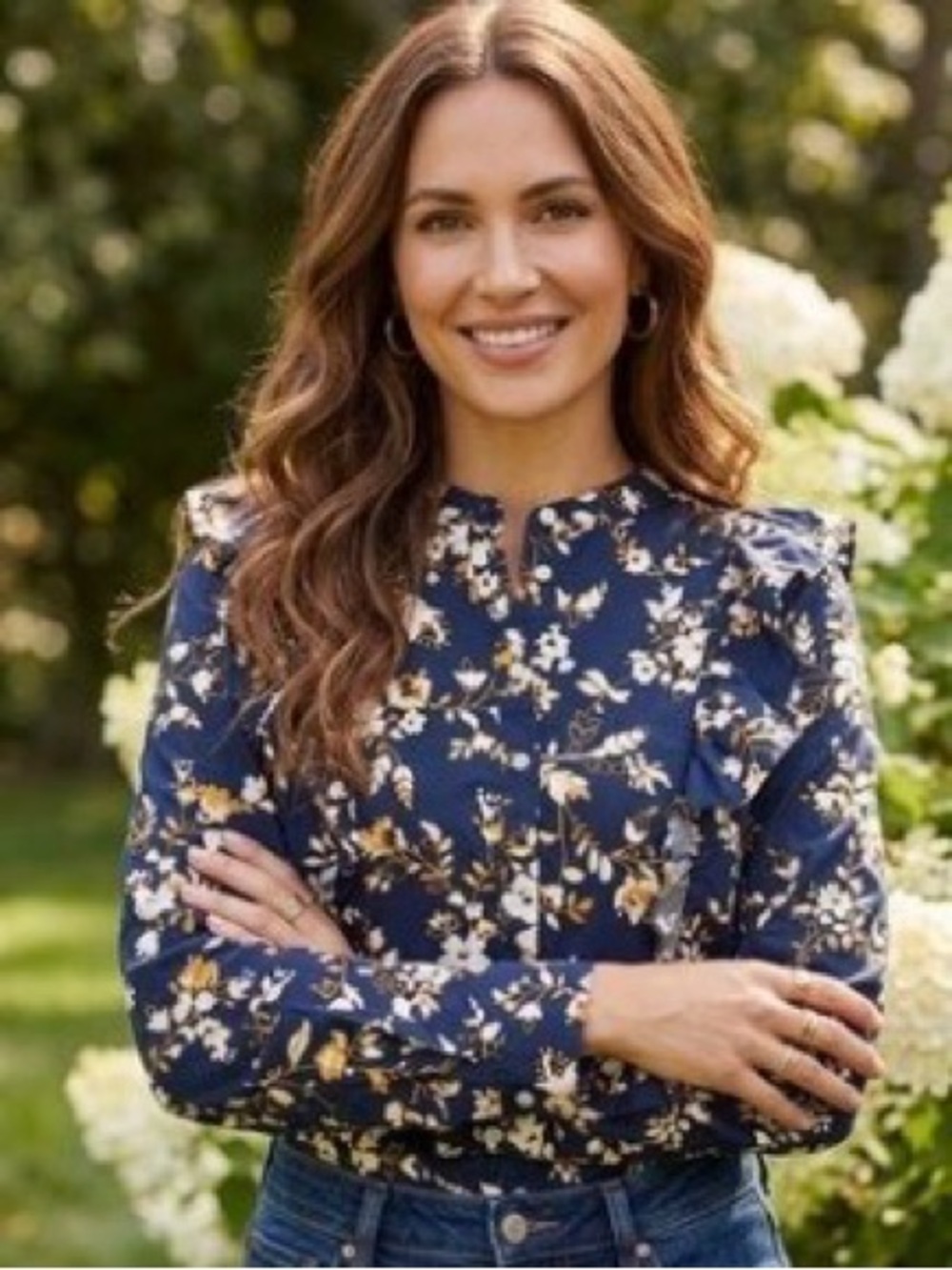 J. Crew, Navy Blue & Gold, Floral, Blouse